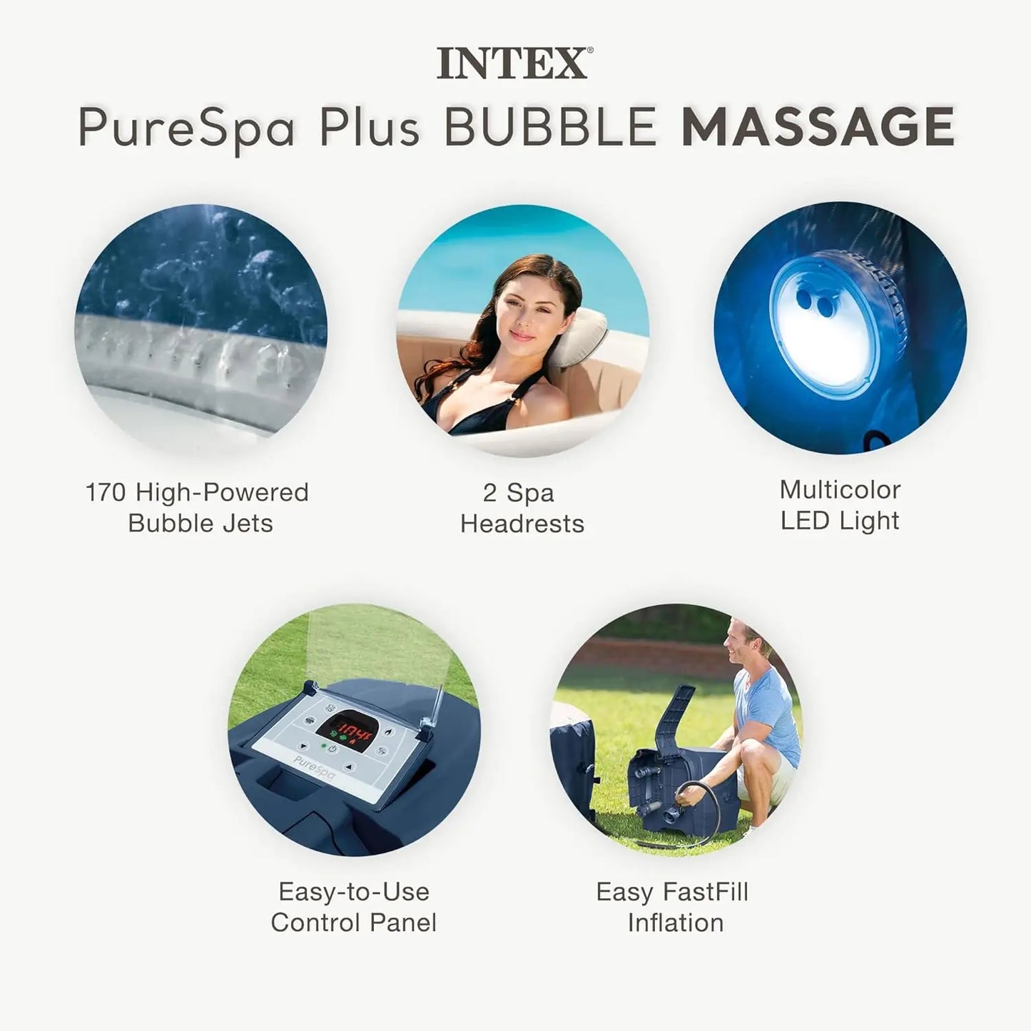 PureSpa Plus 6 Person Round Inflatable Hot Tub, Bubble Massage Spa Set with Energy Efficient Cover, 2 Headrests, &, Customized