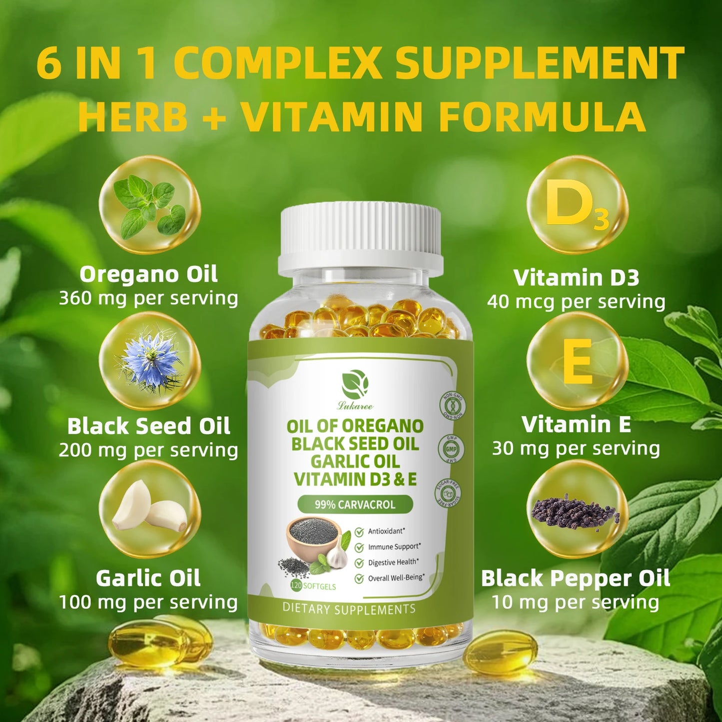 LUKAREE Oregano Oil Capsules with Black Seed Oil,Garlic Oil,Vitamin D3 E for Antioxidant,Immune & Digestive Support Non GMO