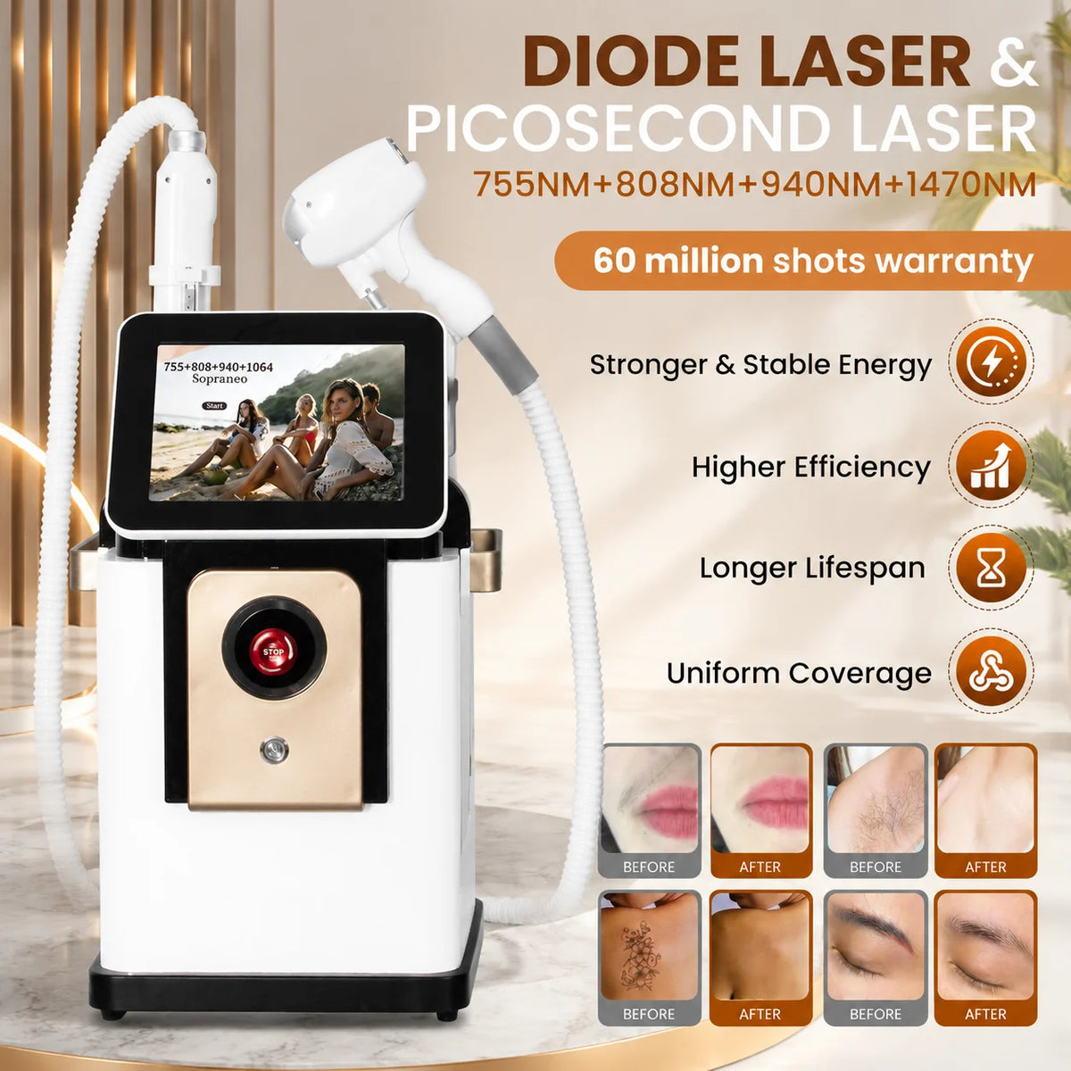 Professional 2 in 1 Beauty Machine 755nm 808nm 940nm 1064nm Hair Removal Laser Tattoo Removal Skin Rejuvenation Aesthetic