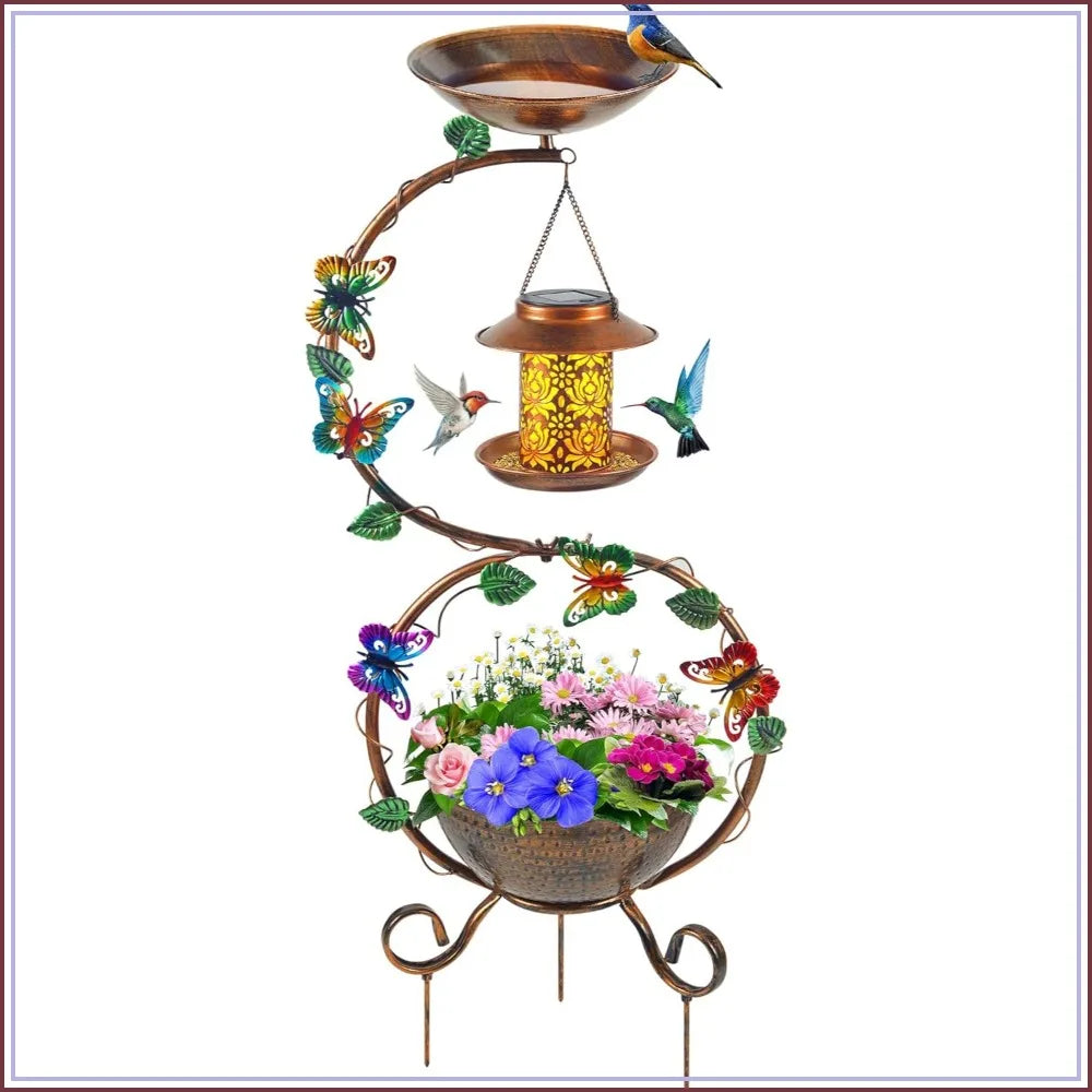 Metal Birdbath with Flower Planter Pedestal and Solar Bird Feeders Combo for Outdoor, Decorative Bird Bath with Butterfly for Garden