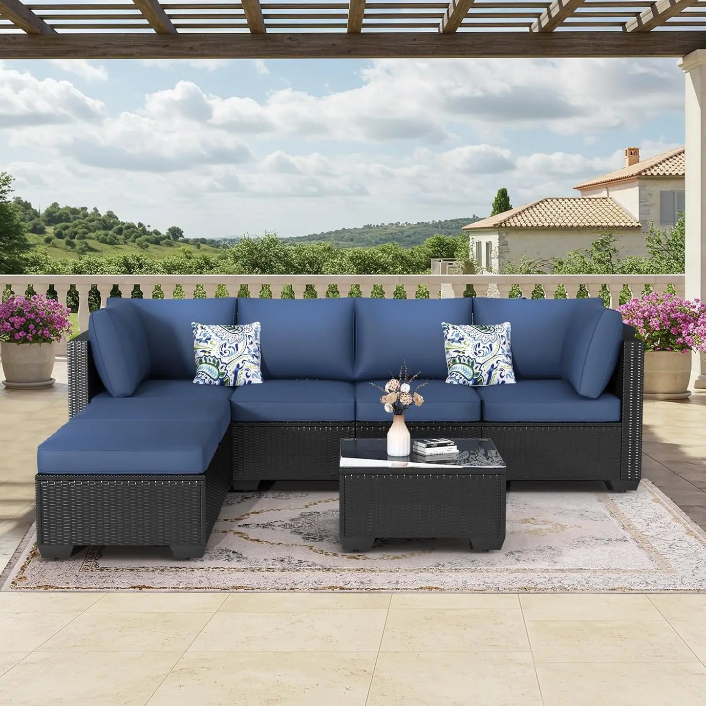 7 Piece Outdoor Patio Furniture Set, PE Rattan Wicker Sofa Set, Black Rattan