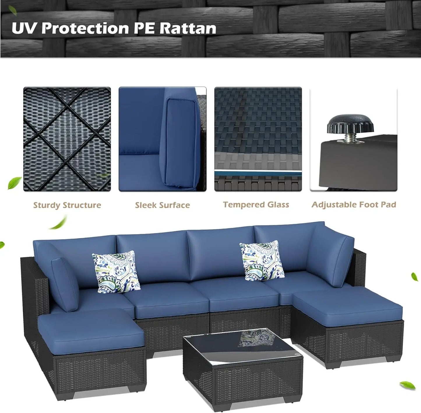 7 Piece Outdoor Patio Furniture Set, PE Rattan Wicker Sofa Set, Black Rattan