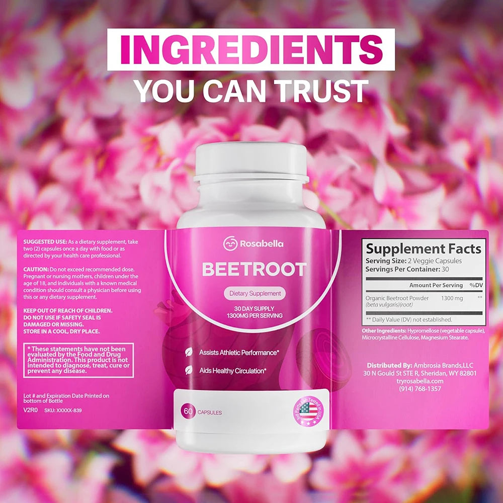 Organic Beet Root Capsules - 1300mg Beet Root Powder Aids Healthy Circulation & Vitality, Non-GMO, Beet Root Supplement - 60 CAP
