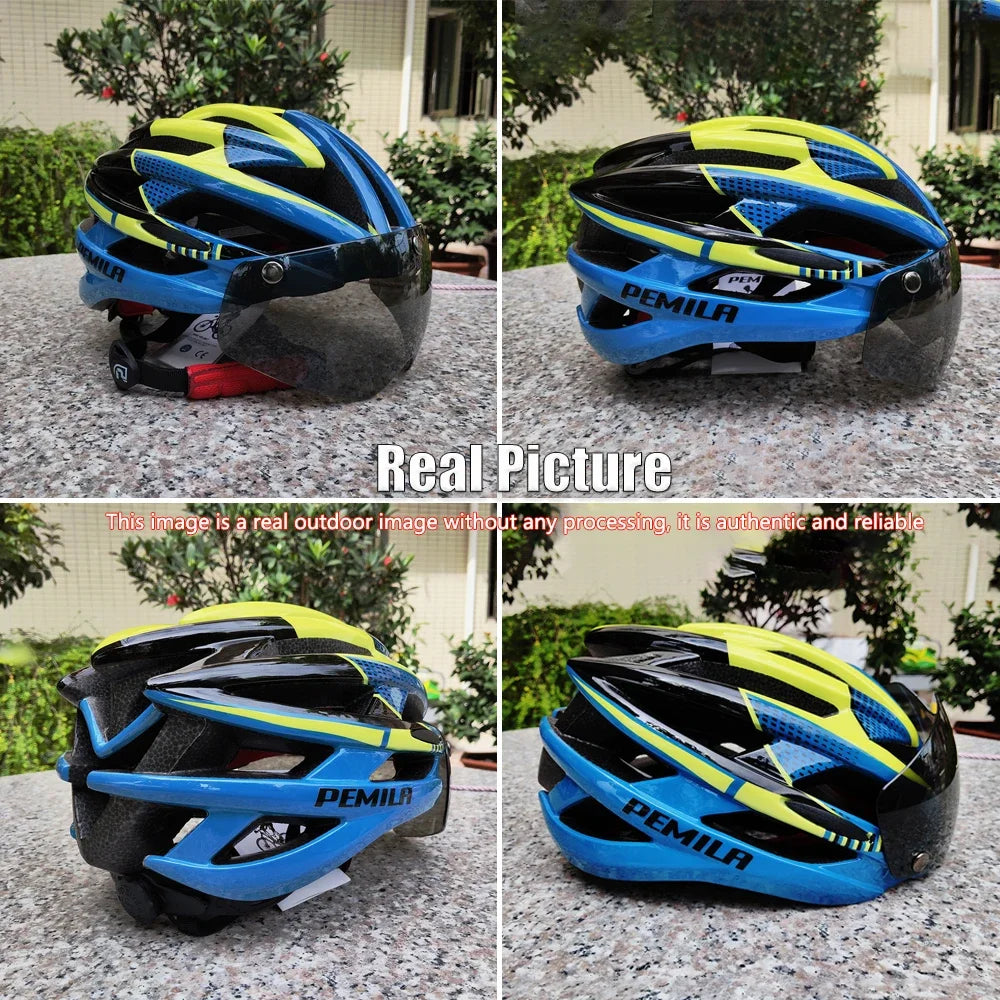 PEMILA Cycling Helmet with Goggle Men and Women MTB Road Mountain Bike Helmet Lens for Riding Sports Bicycle Helmets