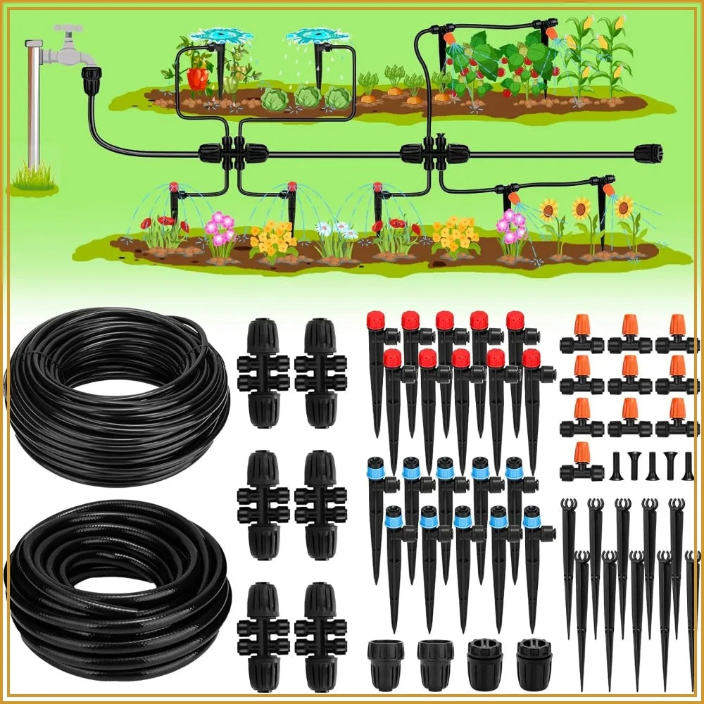 Drip Irrigation System Kit: 40FT 1/2" Mainline & 100FT 1/4" Tubing, Adjustable Emitters & Misting Sprinkler for Garden