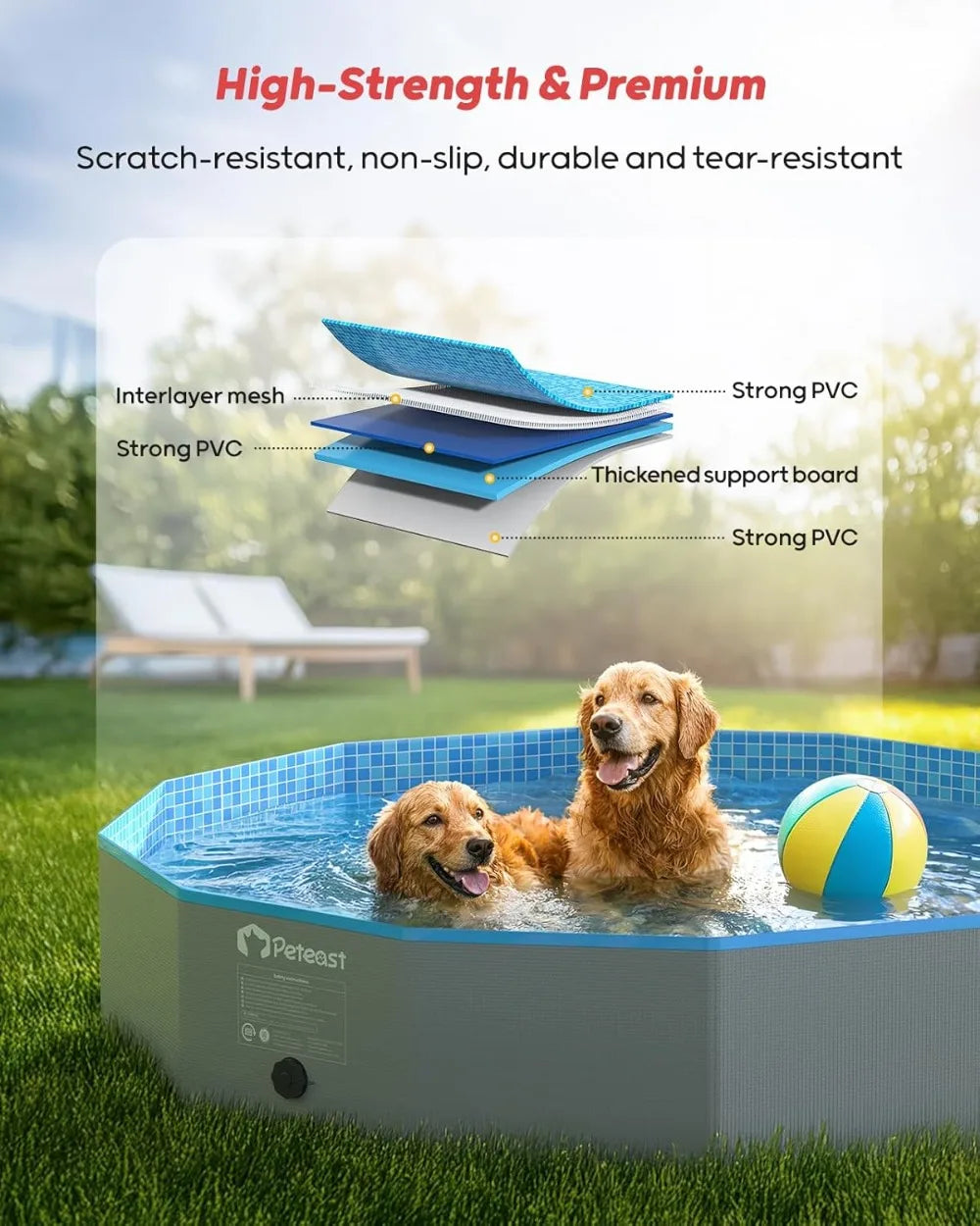 Foldable Dog Pool with 2 Flying Disks, Durable Hard Plastic Swimming Pools for Large Dogs, Collapsible Pet Pool for Backyard & Indoor, 71 in