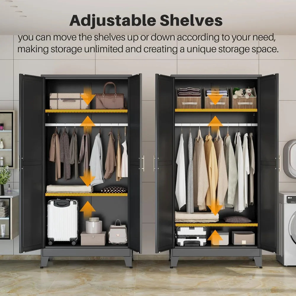 71" Metal Wardrobe Armoire 2 Mirror Doors Adjustable Shelves & Hanging Rod Clothing Storage Cabinet, Custom