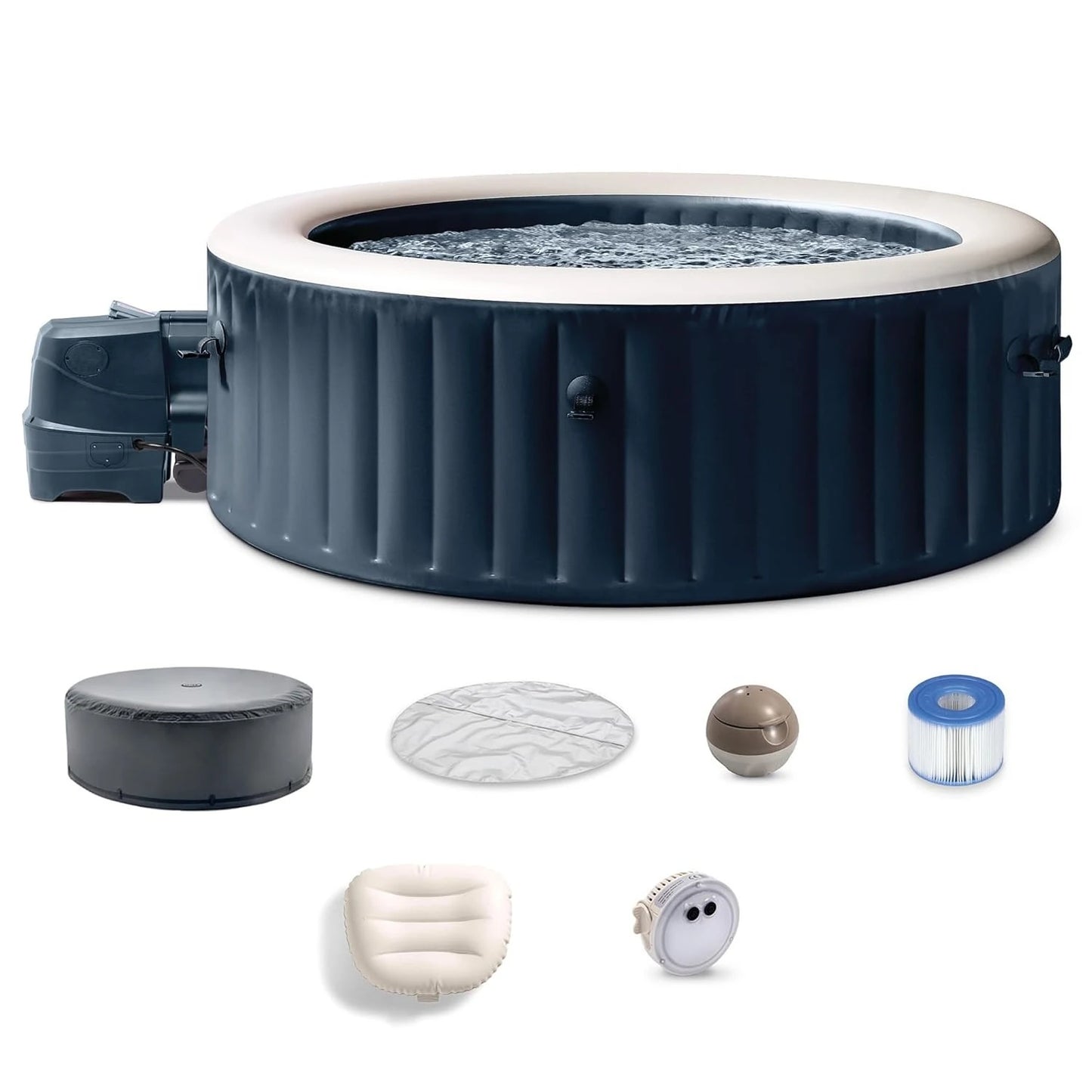 PureSpa Plus 6 Person Round Inflatable Hot Tub, Bubble Massage Spa Set with Energy Efficient Cover, 2 Headrests, &, Customized