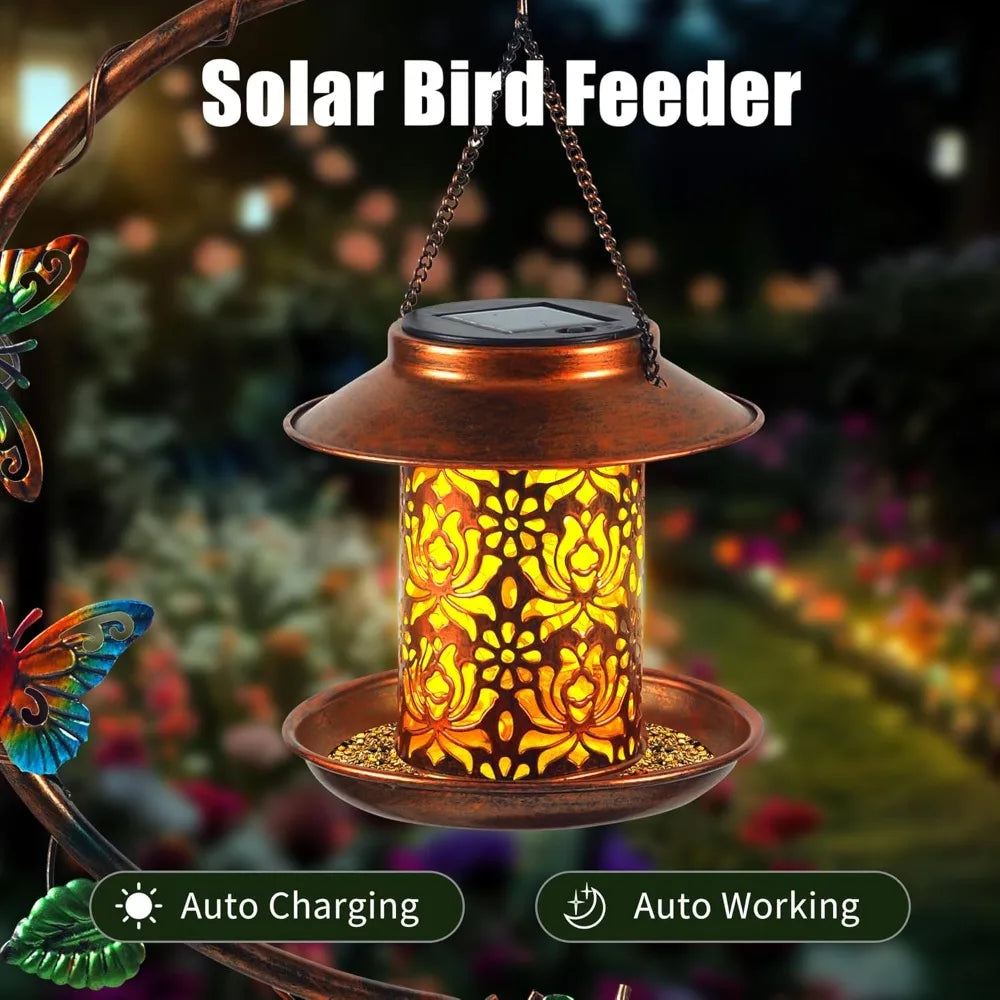 Metal Birdbath with Flower Planter Pedestal and Solar Bird Feeders Combo for Outdoor, Decorative Bird Bath with Butterfly for Garden