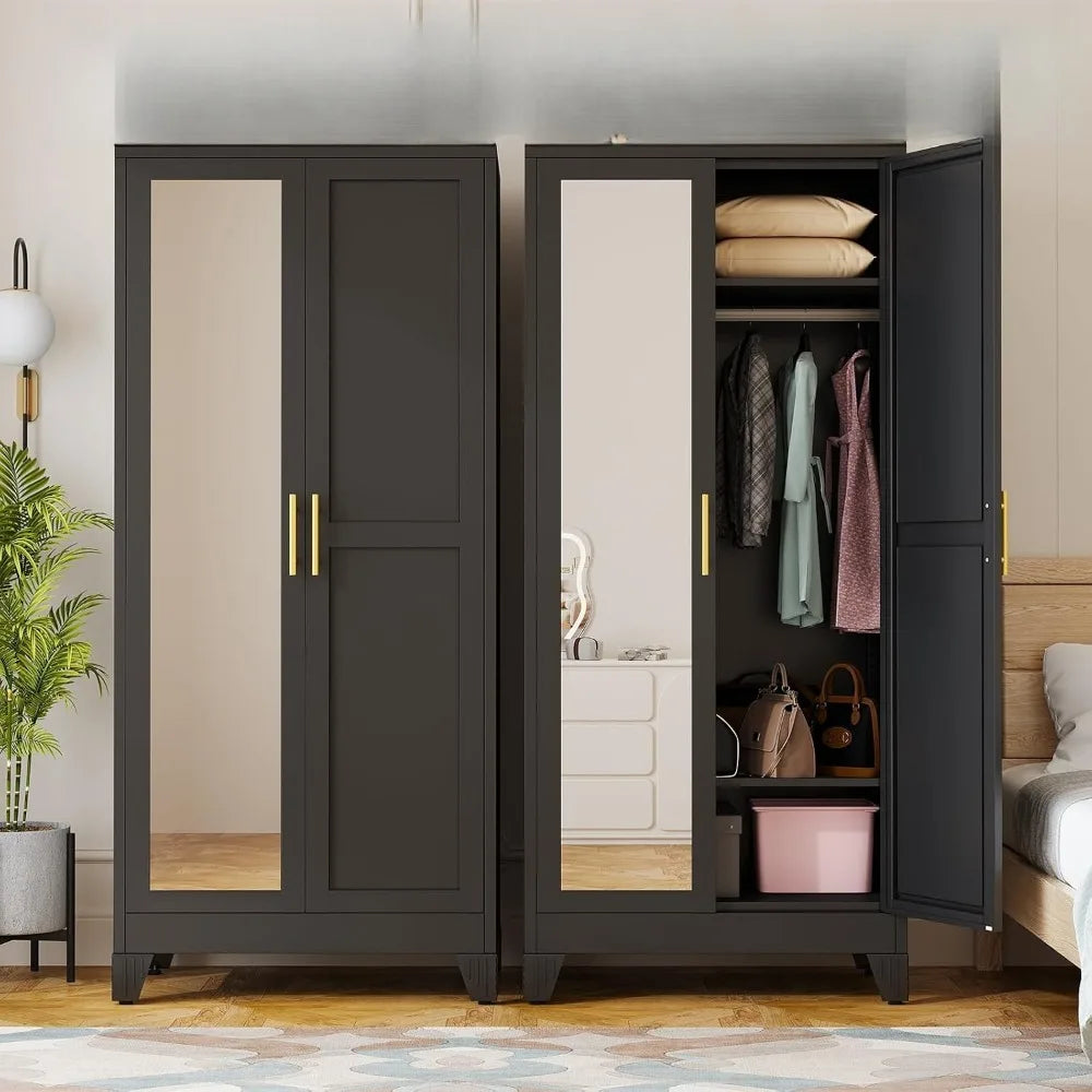 71" Metal Wardrobe Armoire 2 Mirror Doors Adjustable Shelves & Hanging Rod Clothing Storage Cabinet, Custom