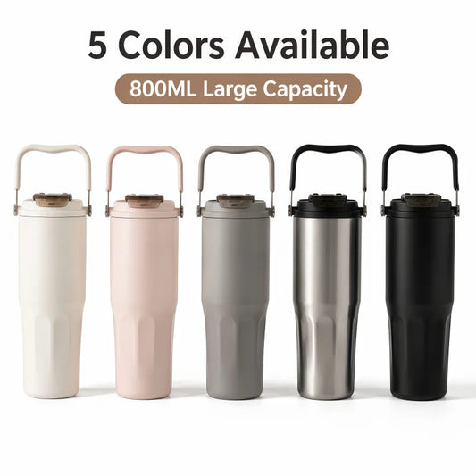 800ML Ceramic Coated Insulated Tumbler with Straw Leakproof Travel Water Bottle Detachable Handle Tea Infuser Cup for Office Car