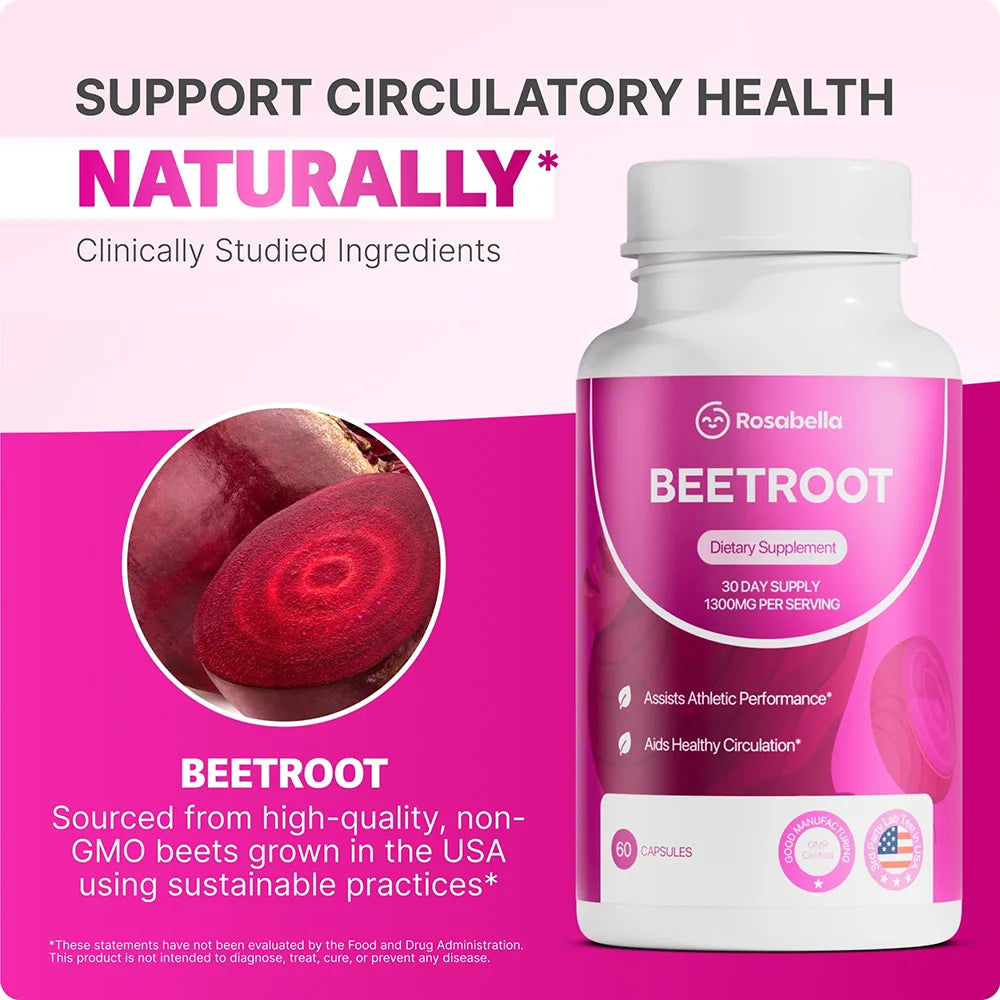 Organic Beet Root Capsules - 1300mg Beet Root Powder Aids Healthy Circulation & Vitality, Non-GMO, Beet Root Supplement - 60 CAP