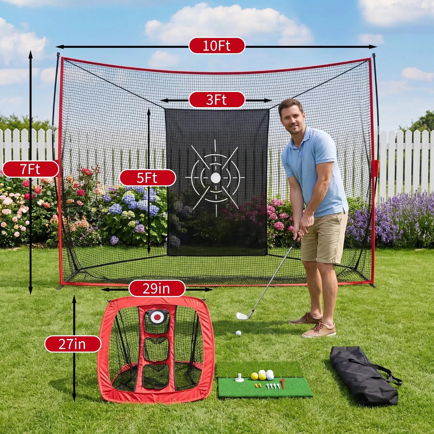 Backyard Golf Practice Net 10x7FT, Hitting Net Set With Chipping Target, Turf Mat, Balls, Tees And Carry Bag Indoor Outdoor