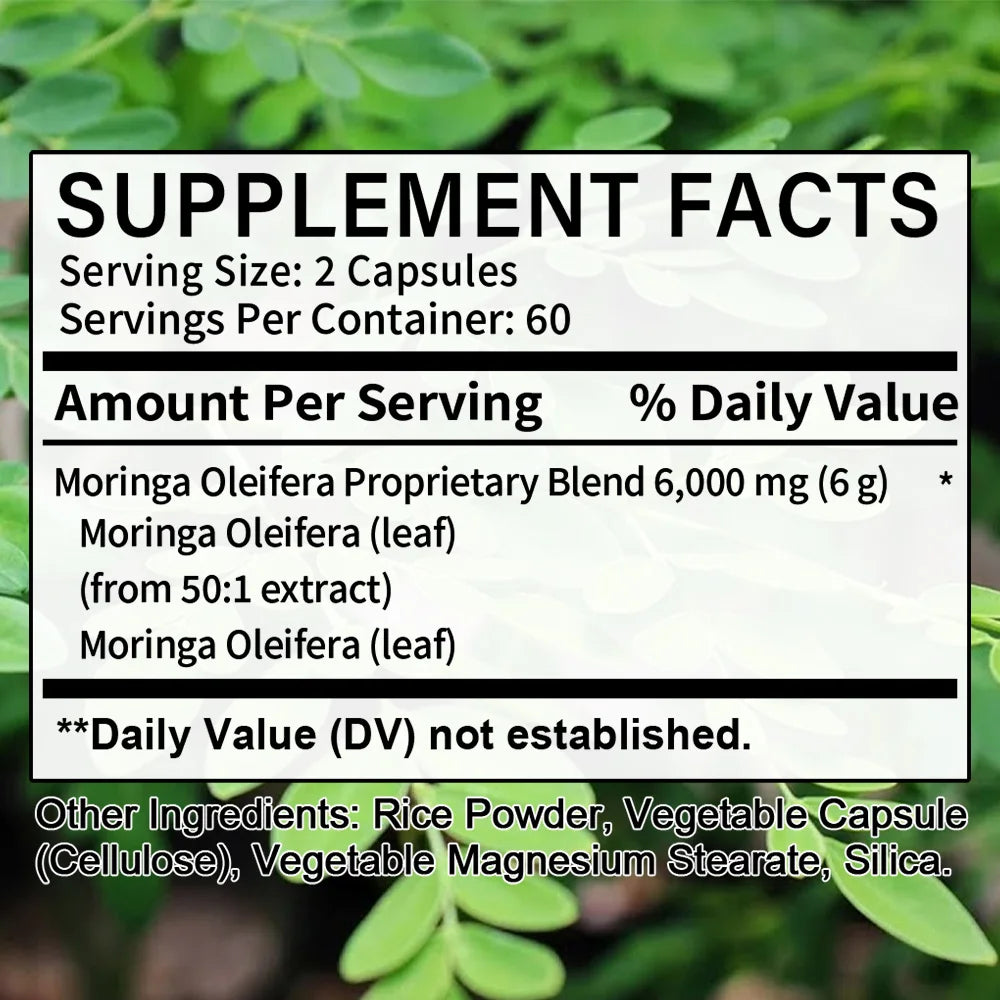 Moring Oleifera Capsules Pure Leaf Powder Max 6000mg Per Serving, Support Immunity & Energy, Promotes Metabolism