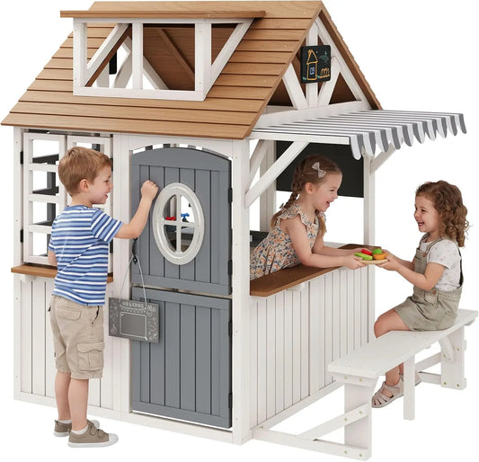 Durable Fir Wood Outdoor Kids Playhouse,Waterproof Roof With Kitchen Set & Chalkboard, Custom