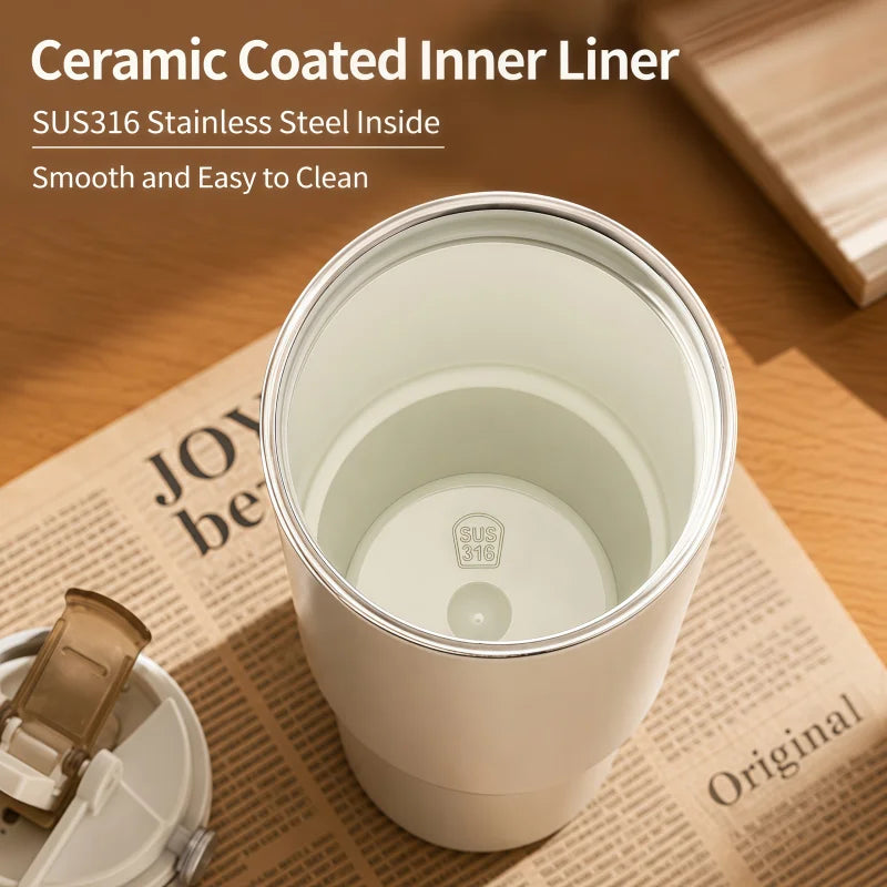 800ML Ceramic Coated Insulated Tumbler with Straw Leakproof Travel Water Bottle Detachable Handle Tea Infuser Cup for Office Car