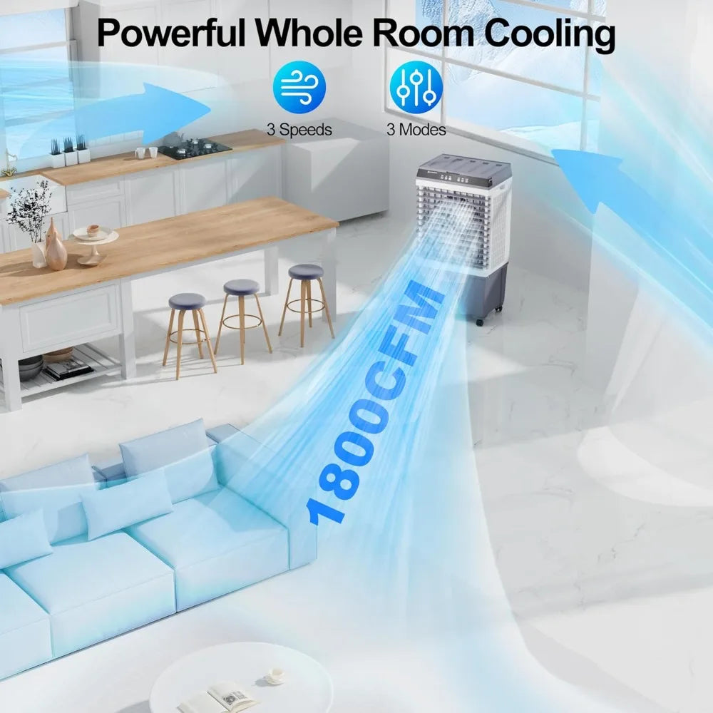 1800 CFM Swamp Cooler, 3-IN-1 Portable Evaporative Air Cooler with 5.3 Gal Tank, 6 Ice Packs, Remote, 12H Timer, 120° Oscillation, Cooling Fan for Room