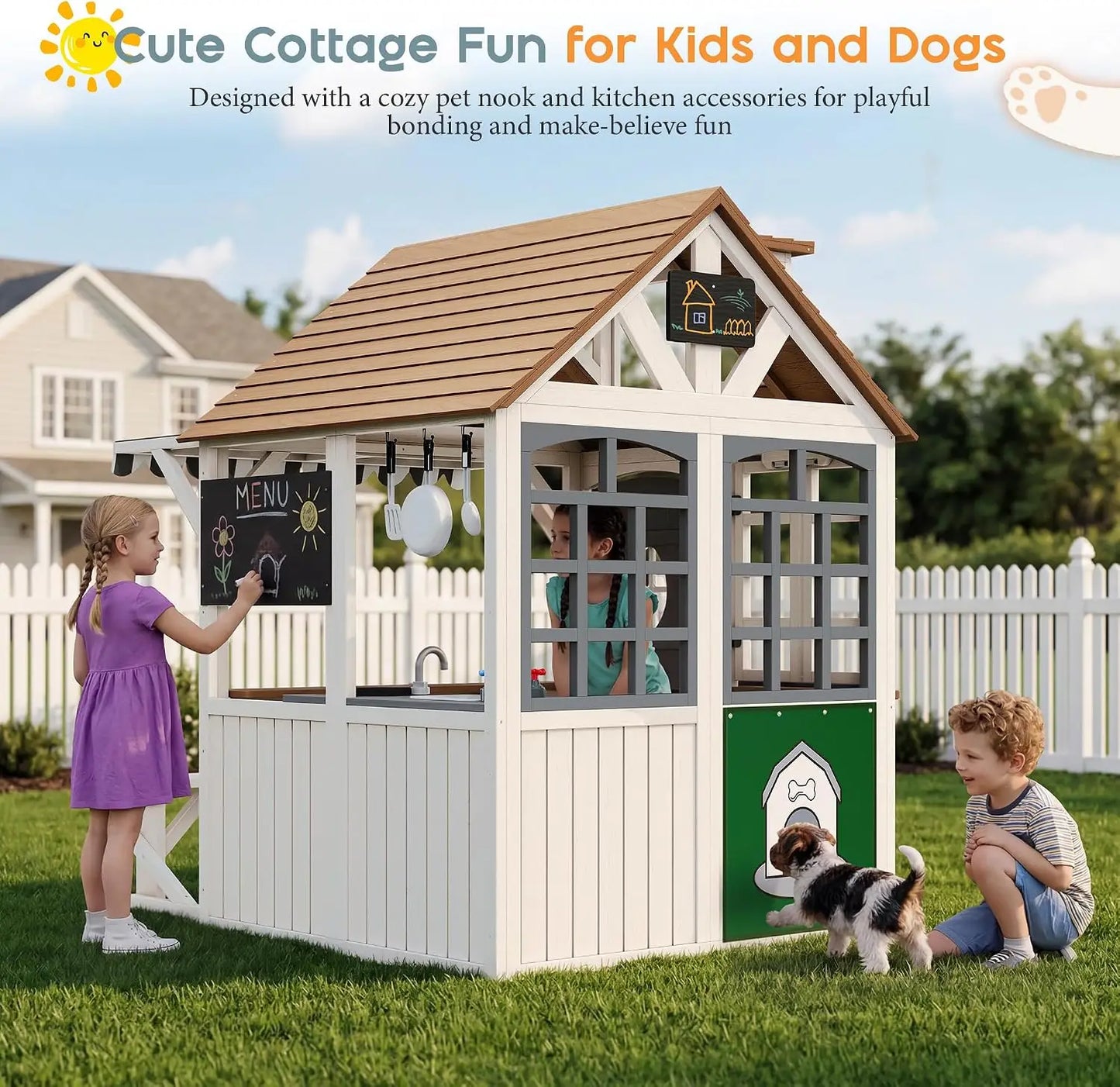 Durable Fir Wood Outdoor Kids Playhouse,Waterproof Roof With Kitchen Set & Chalkboard, Custom