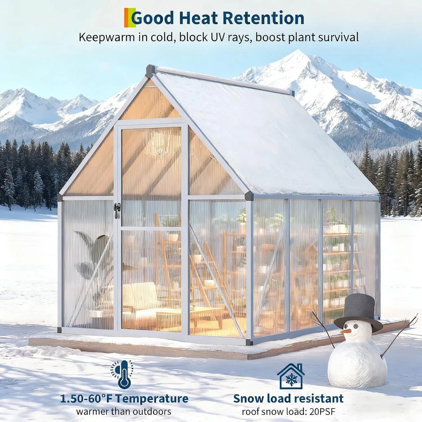 6x7 FT Outdoor Greenhouse, Heavy-Duty Polycarbonate Greenhouse Kit with Reinforced Aluminum Frame, Adjustable Roof Vent & Quick-