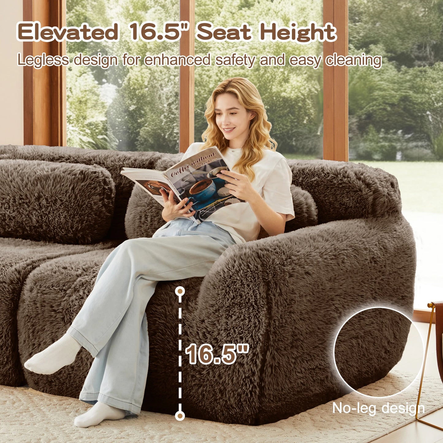 U-Shaped Boneless Sofa with 32D High Density Sponge, 4-Seat Modular Plush Couch with Non-Slip Base, No Assembly Required Ergonomic Design for Living Room Study, Chocolate