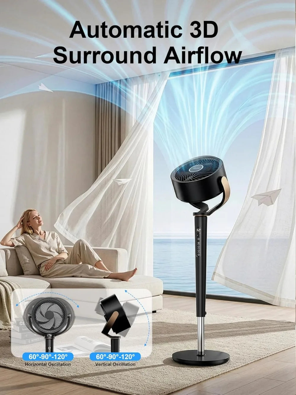 38-46" Omnidirectional Oscillating Standing Fan with 16 Speeds, 4 Modes, Remote, Quiet, 12-H Timer, Memory Function