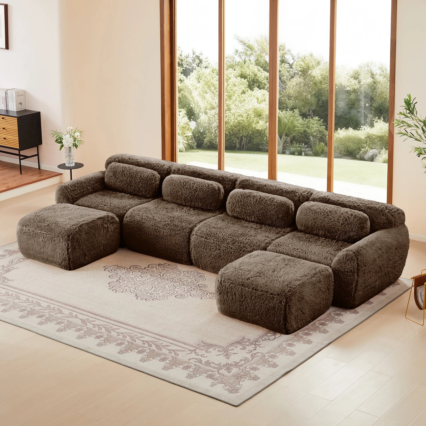 U-Shaped Boneless Sofa with 32D High Density Sponge, 4-Seat Modular Plush Couch with Non-Slip Base, No Assembly Required Ergonomic Design for Living Room Study, Chocolate