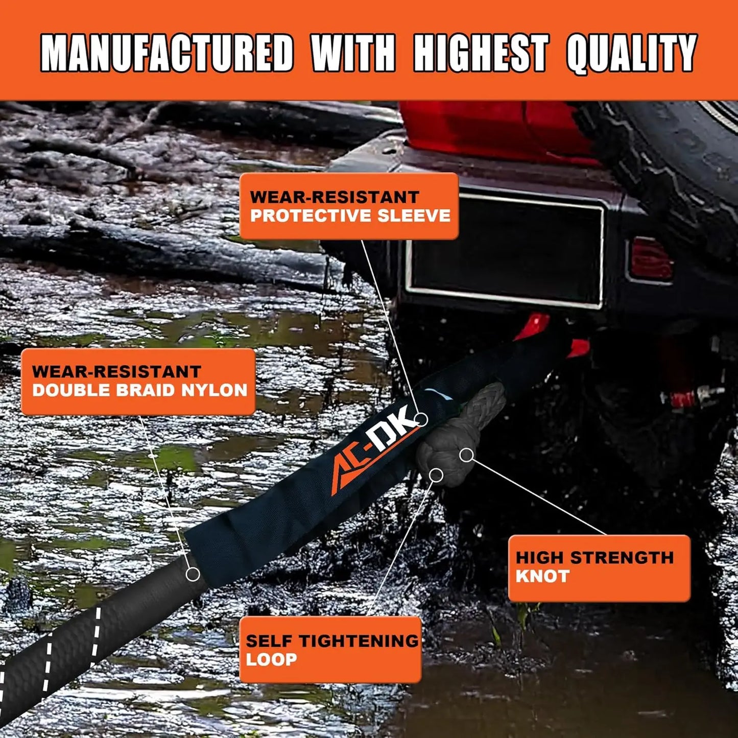1in x 30ft Kinetic Recovery Rope 48,500lbs Snatch Strap with 2 Soft Shackles for Offroad Vehicle Jeep SUV ATV UTV Tractor