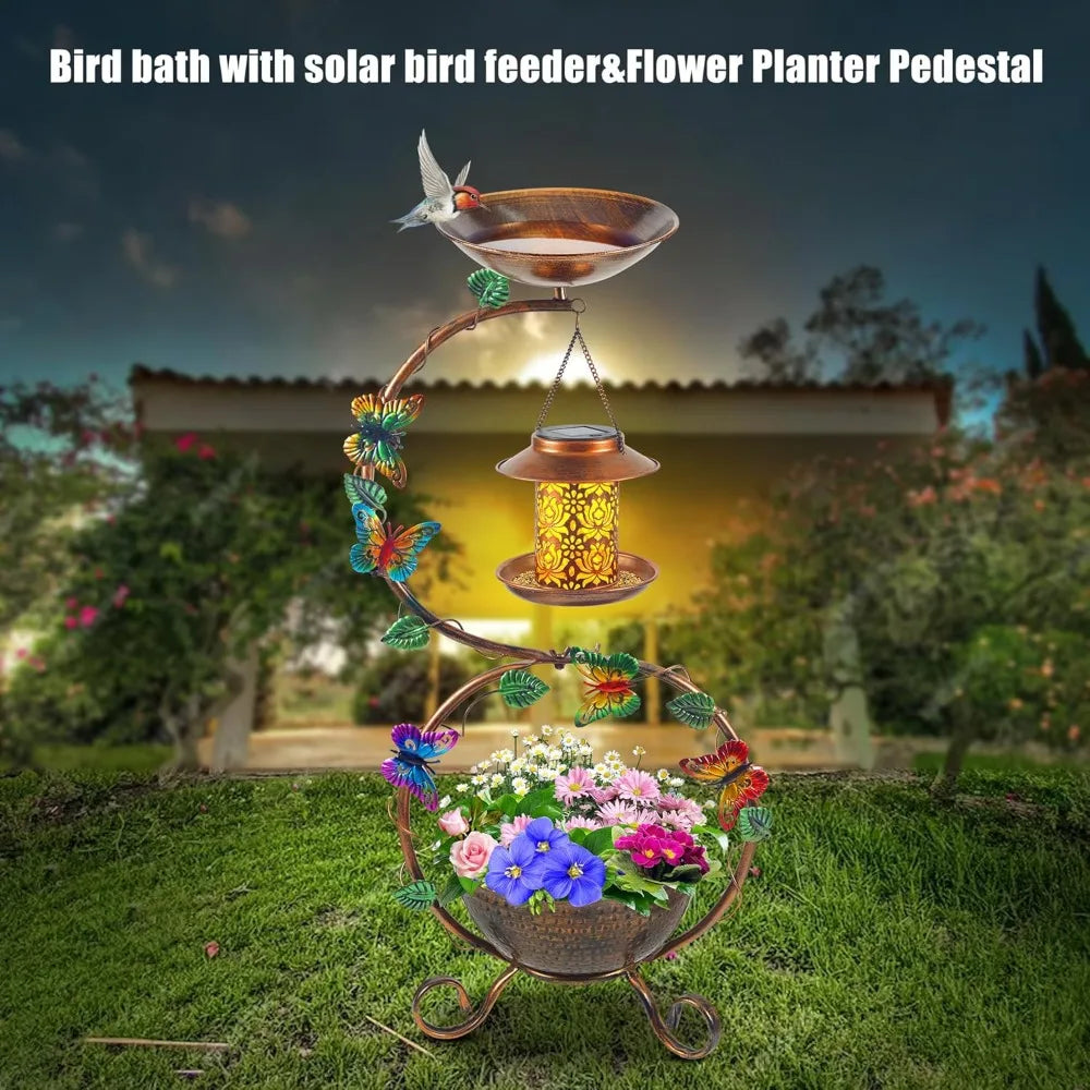 Metal Birdbath with Flower Planter Pedestal and Solar Bird Feeders Combo for Outdoor, Decorative Bird Bath with Butterfly for Garden