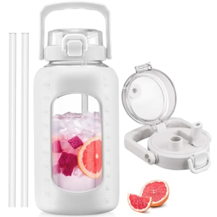Glass Water Bottle with Straw and Handle Large Water Bottle with Sip and Chug Lid 2.5L Water Jug Silicone Sleeve with Time Full