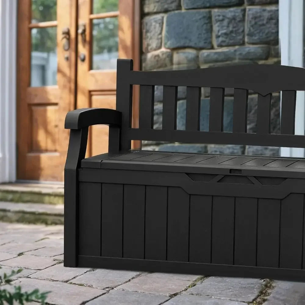 BestsellerLockable 80 Gallon Outdoor Storage Bench with Cushions, Patio Furniture, Garden Decor, and Pool Supplies (Black)