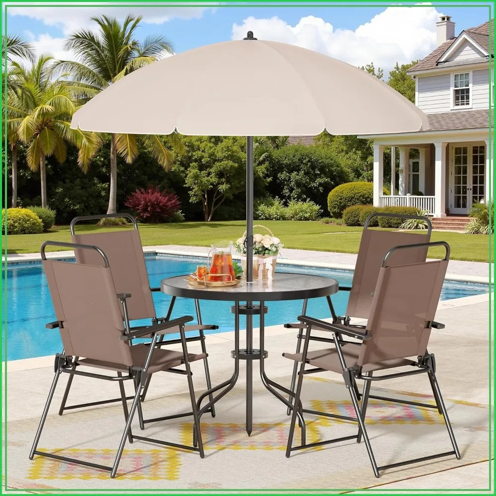 6 Piece Patio Dining Set with Umbrella, Outdoor Furniture Set with 4 Folding Chairs and Tempered Glass Top Table for Lawn Backyard Garden