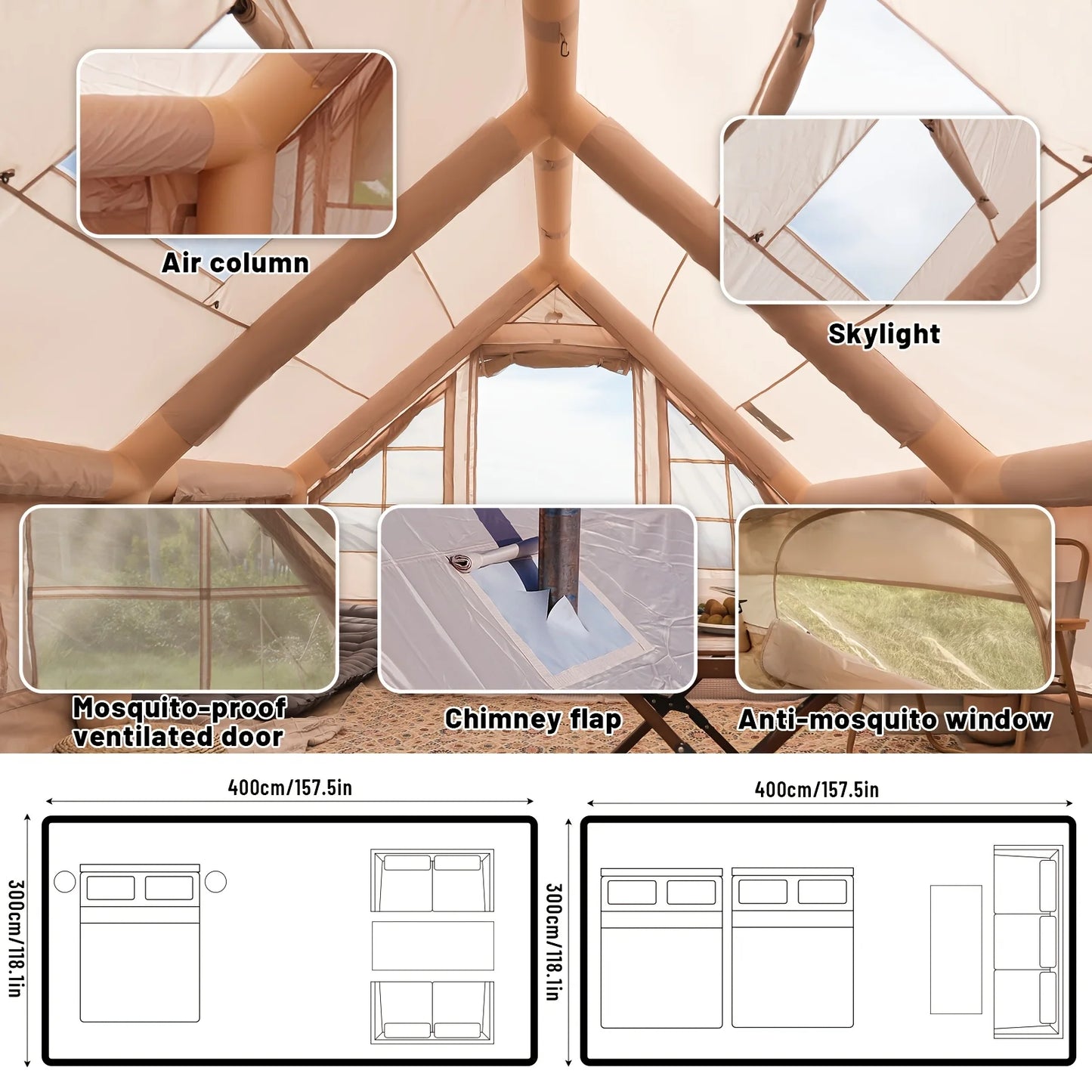 Large Inflatable Camping Tent with Skylight, Quick Air-Flow & Breathable Mesh Design, Summer Glamping Hot Tents for Ca