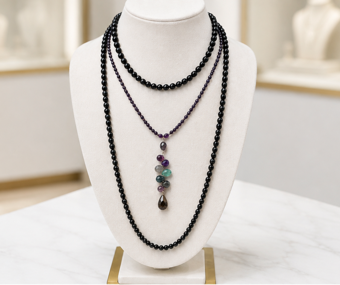3 strand hand knotted black pearl necklace