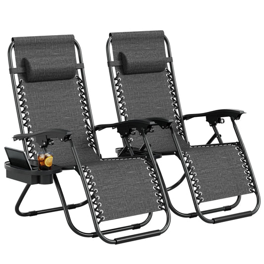 2 Pack Zero Gravity Chair with Cup Holder Tray and Pillow  – Patio Lounge Chair, Adjustable Reclining Chair, Portable Folding Outdoor Camping Chairs for Deck, Beach, Yard, Garden