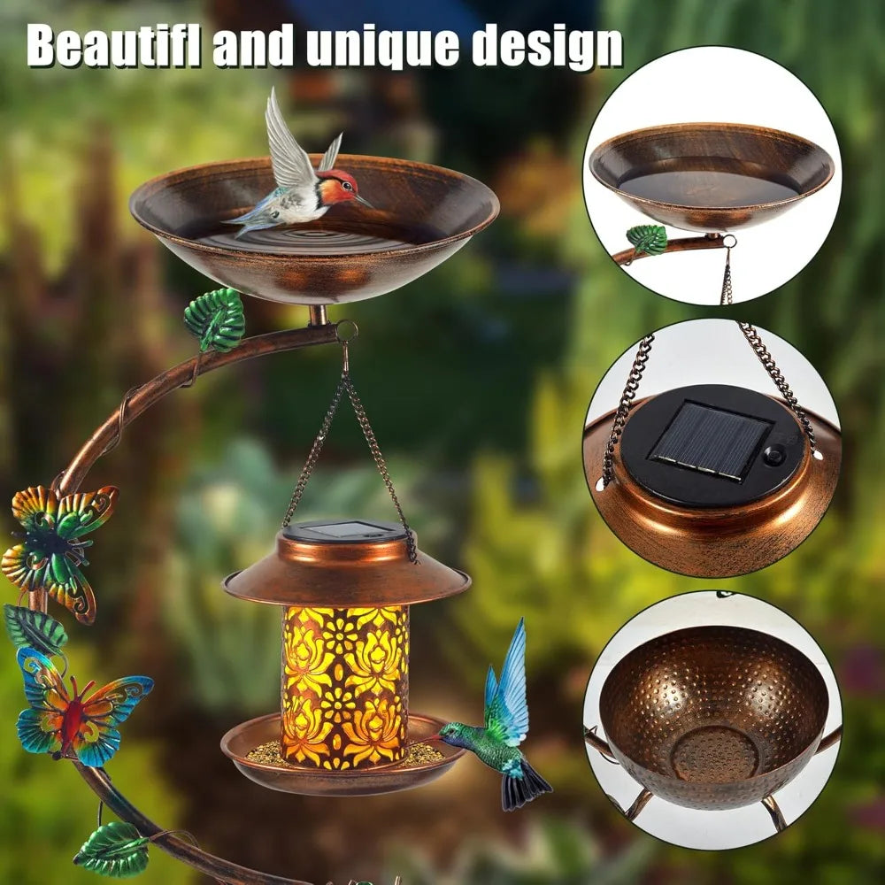 Metal Birdbath with Flower Planter Pedestal and Solar Bird Feeders Combo for Outdoor, Decorative Bird Bath with Butterfly for Garden