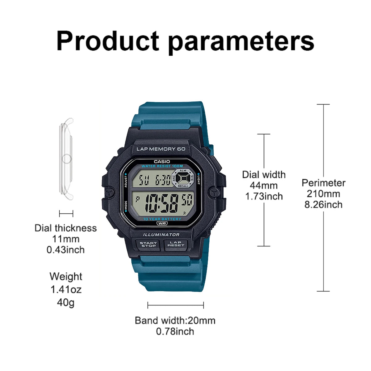 Casio WS‑1400H | Digital Sports Watch | Resin Band | 100M Water Resistant | Lap Memory Stopwatch | LED Light