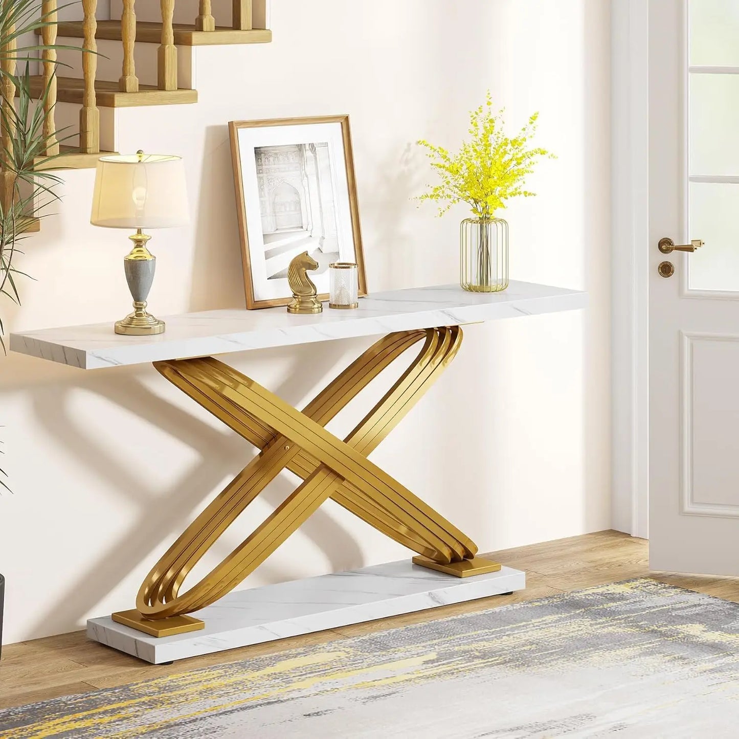 55 Inch Modern Console Table, Gold Entryway Table Behind Sofa Couch, Narrow Rectangular Sofa Table for Living Room, Bedroom