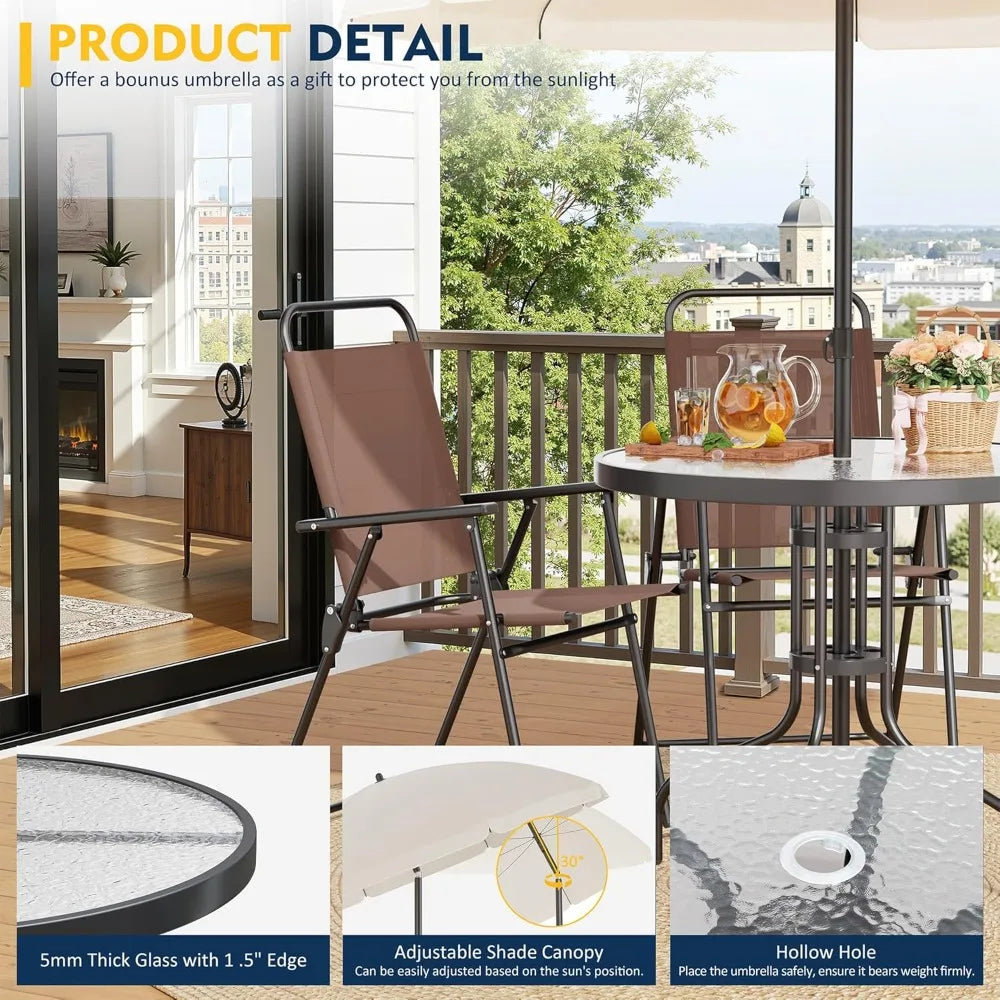 6 Piece Patio Dining Set with Umbrella, Outdoor Furniture Set with 4 Folding Chairs and Tempered Glass Top Table for Lawn Backyard Garden