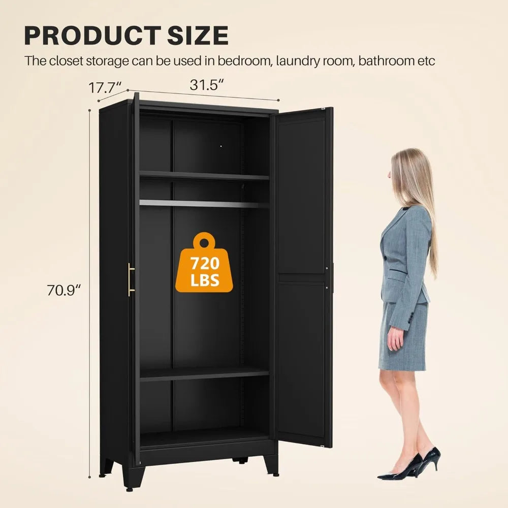 71" Metal Wardrobe Armoire 2 Mirror Doors Adjustable Shelves & Hanging Rod Clothing Storage Cabinet, Custom