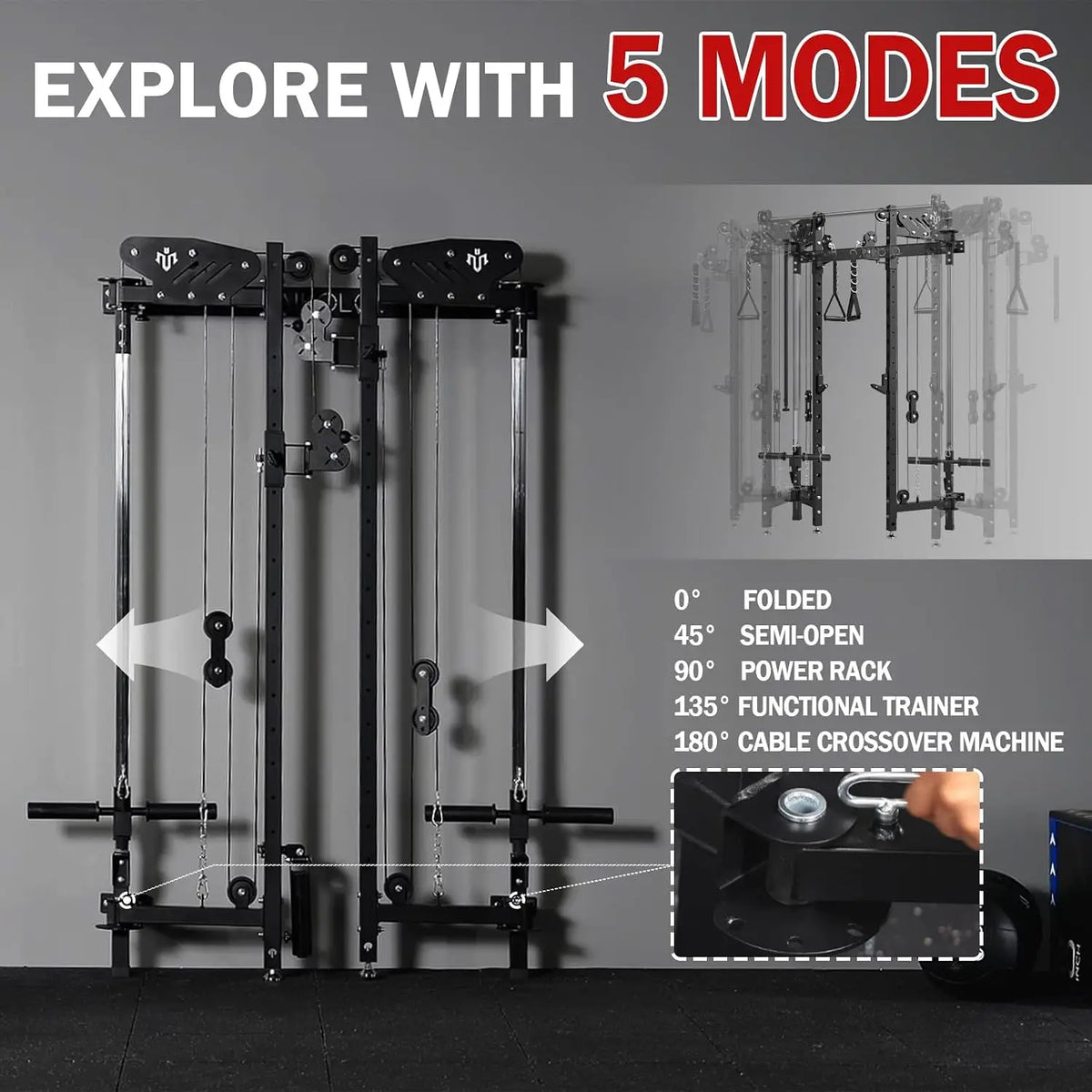 Folding Squat Rack, Wall Mounted Power Rack with Cable Crossover Machine & LAT Pull Down, Functional Trainer with 5, Customized