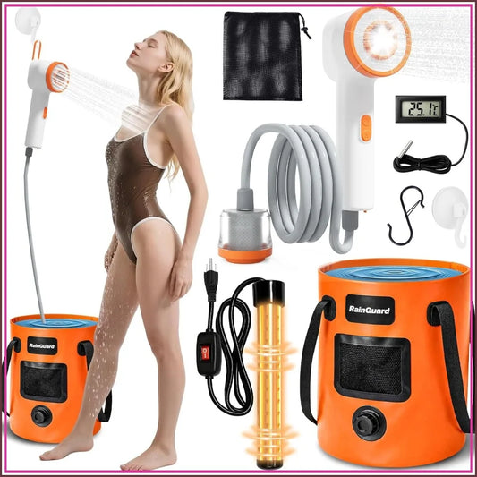 Portable Camping Shower, 6000mAh Rechargeable Pump, Foldable Bucket, 6'7" Filtered Head for Outdoor, Hiking, Pet, RV, Car Wash