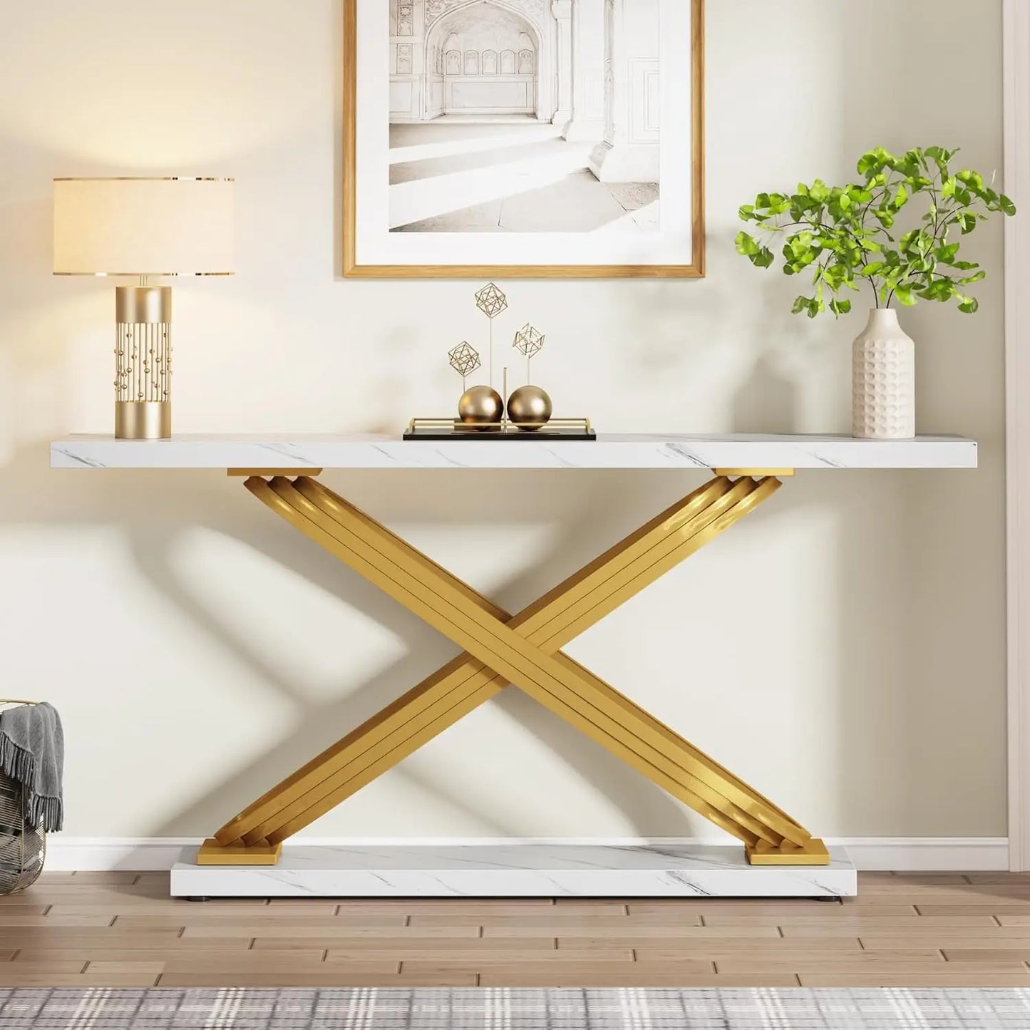55 Inch Modern Console Table, Gold Entryway Table Behind Sofa Couch, Narrow Rectangular Sofa Table for Living Room, Bedroom