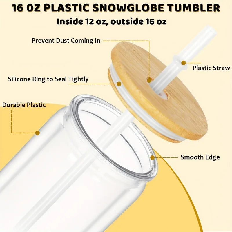 Double Wall Snowglobe Plastic Cups with Pre-Drilled Hole Christmas Straw Water Bottte Clear Tumbler Coffee Juice Drinkware Gifts