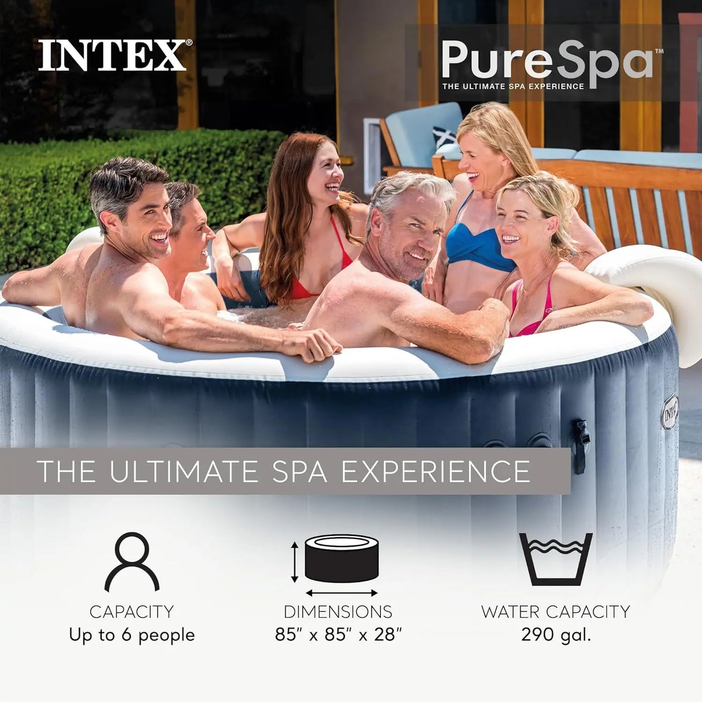 PureSpa Plus 6 Person Round Inflatable Hot Tub, Bubble Massage Spa Set with Energy Efficient Cover, 2 Headrests, &, Customized