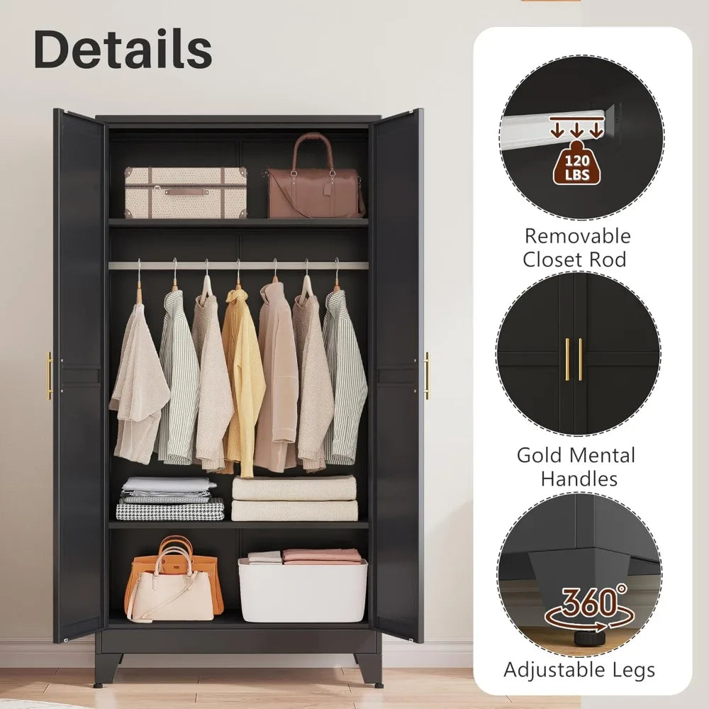 71" Metal Wardrobe Armoire 2 Mirror Doors Adjustable Shelves & Hanging Rod Clothing Storage Cabinet, Custom