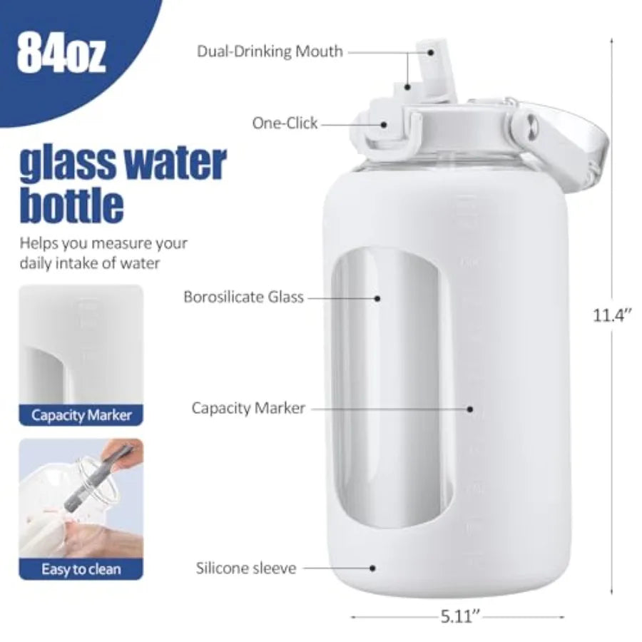 Glass Water Bottle with Straw and Handle Large Water Bottle with Sip and Chug Lid 2.5L Water Jug Silicone Sleeve with Time Full