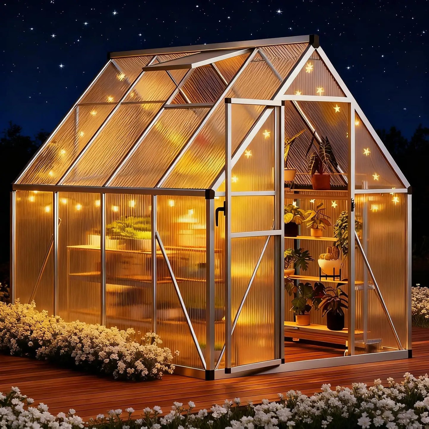 6x7 FT Outdoor Greenhouse, Heavy-Duty Polycarbonate Greenhouse Kit with Reinforced Aluminum Frame, Adjustable Roof Vent & Quick-
