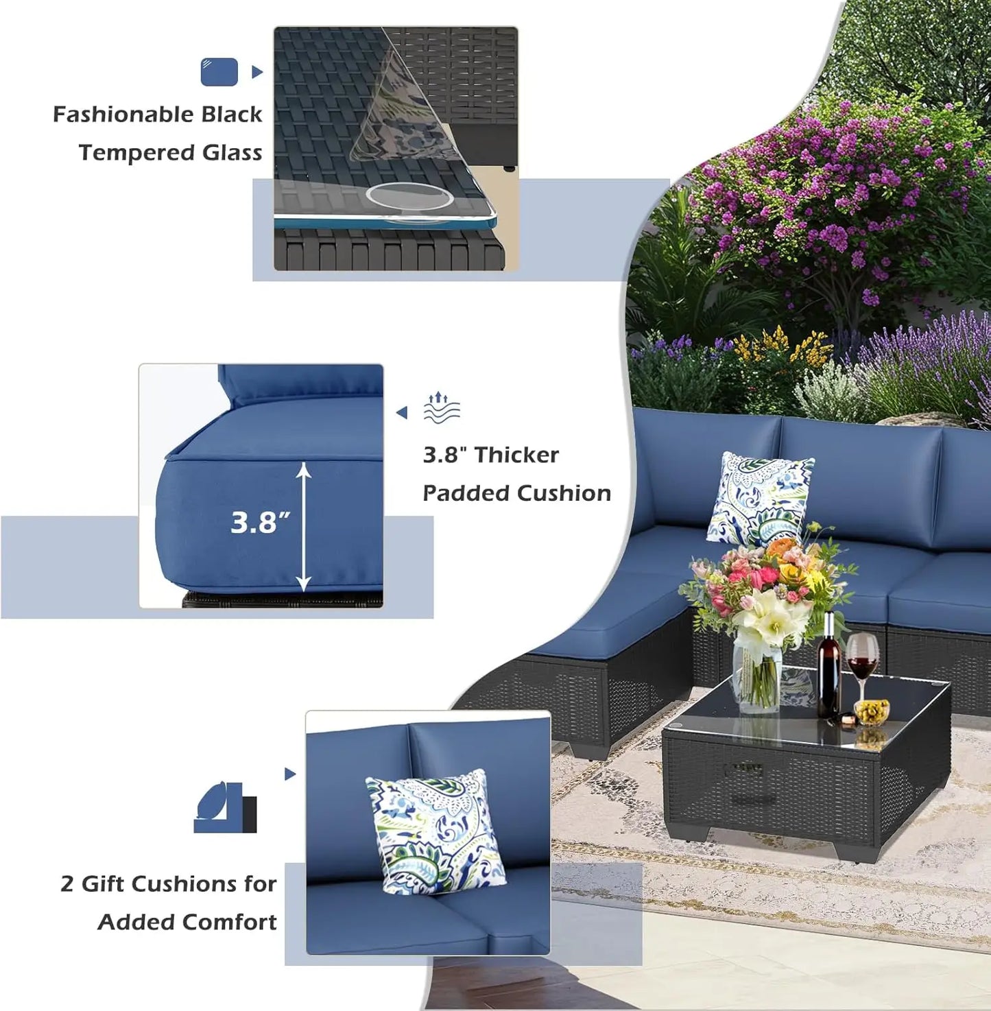 7 Piece Outdoor Patio Furniture Set, PE Rattan Wicker Sofa Set, Black Rattan