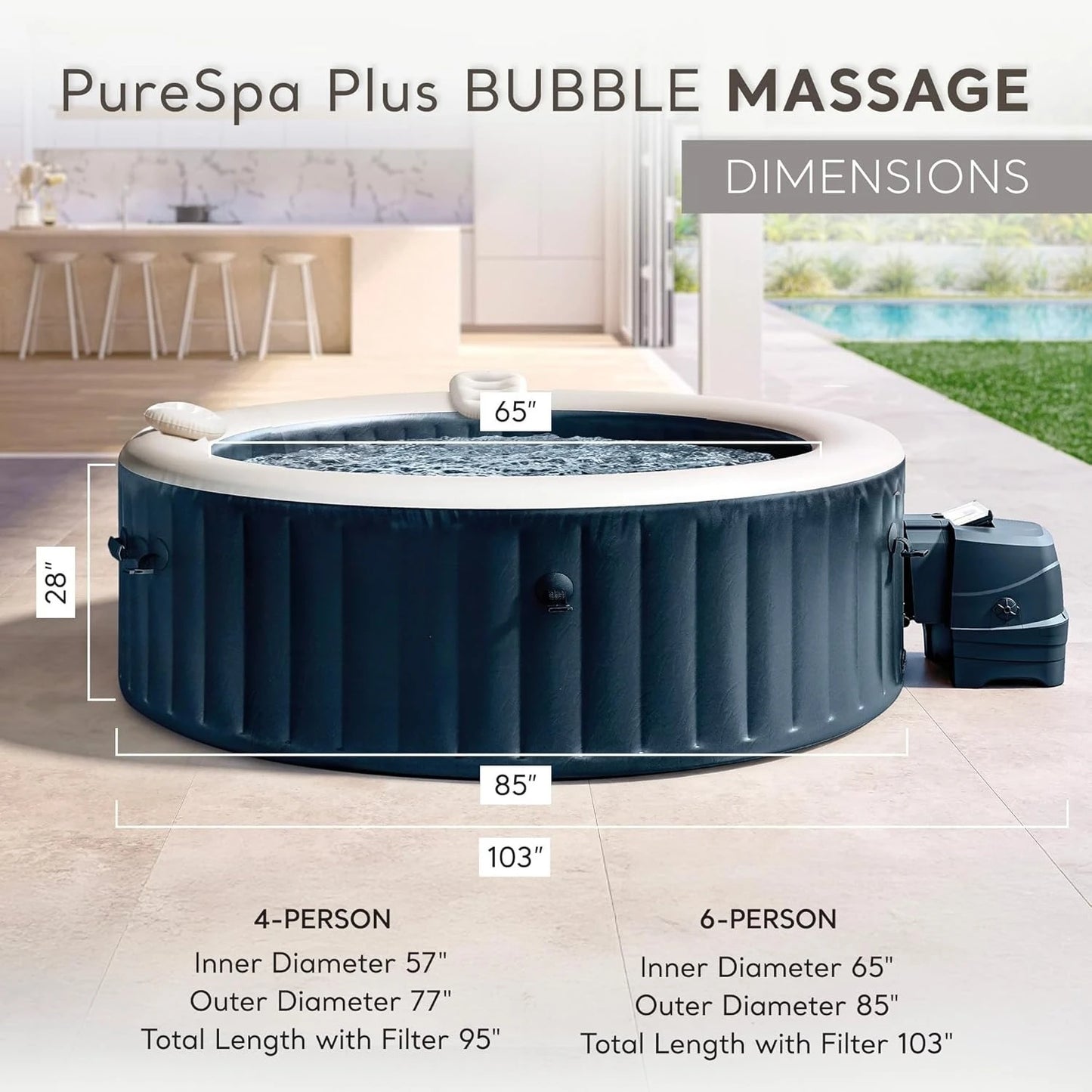 PureSpa Plus 6 Person Round Inflatable Hot Tub, Bubble Massage Spa Set with Energy Efficient Cover, 2 Headrests, &, Customized