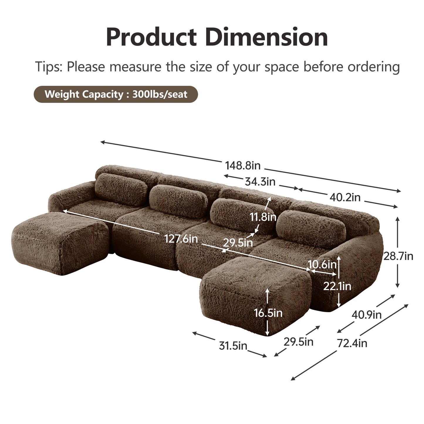 U-Shaped Boneless Sofa with 32D High Density Sponge, 4-Seat Modular Plush Couch with Non-Slip Base, No Assembly Required Ergonomic Design for Living Room Study, Chocolate